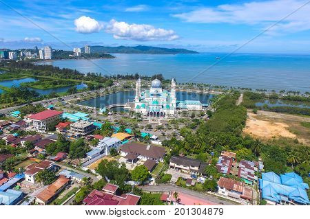Kota Kinabalu,Sabah,Malaysia-Jan 23,2017:Aerial view Kota Kinabalu State Mosque during sunny in Kota Kinabalu,Sabah,Borneo,Malaysia.The design shares some similarities to Medinah Masjid An Nabawi.