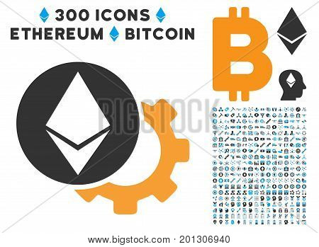 Ethereum Settings Gear icon with 300 blockchain, bitcoin, ethereum, smart contract graphic icons. Vector pictograph collection style is flat iconic symbols.