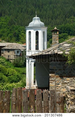 Detail from Orthodox christian church on forest background