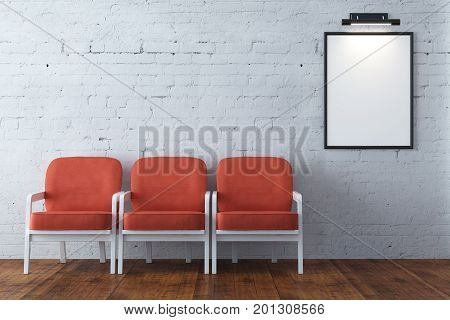 Modern room interior with chairs and empty banner on brick wall. Gallery concept. Mock up 3D Rendering