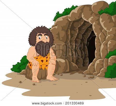 Vector illustration of Cartoon caveman sitting with cave background