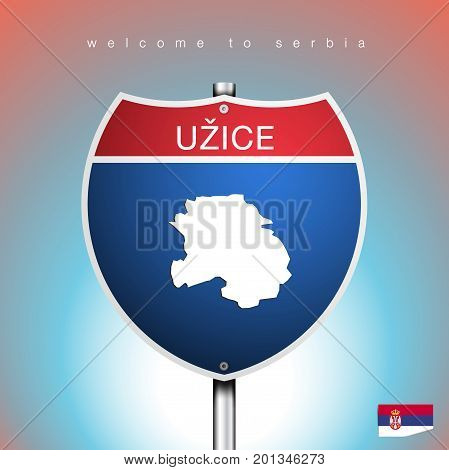 An Sign Road America Style with state of Serbia with blue background and message Uzice and map vector art image illustration