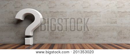 Question Mark On Wooden Floor And Marble Wall Background. 3D Illustration