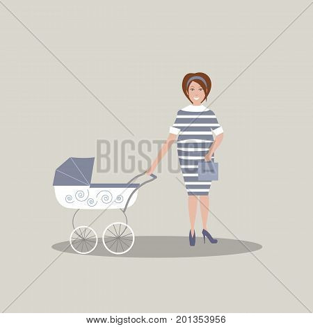 Cute young pregnant mother in dark blue dress with white stripes and shoes with high heels. A baby carriage. Gray background. Vector illustration