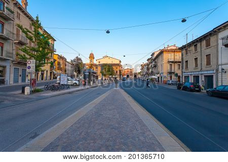 VERONA ITALY- September 08 2016: City landscape on the evening and view on the Piazza XVI Ottobre in the city center of Verona.