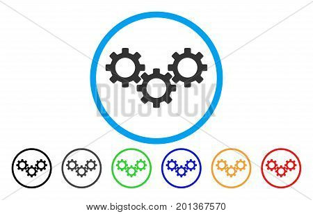 Gear Box vector rounded icon. Image style is a flat gray icon symbol inside a blue circle. Additional color variants are grey, black, blue, green, red, orange.