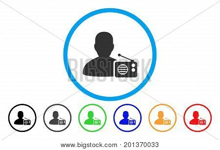 Radio Dictor vector rounded icon. Image style is a flat gray icon symbol inside a blue circle. Bonus color versions are gray, black, blue, green, red, orange.