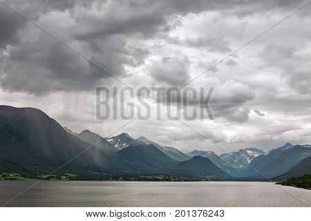 Raining in the mountains along the Romsdalsfjorden near Andalsnes Norway