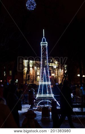 Lighting Decoration As Landmarks Of The World In The City Of Gomel During New Year Festival Celebrat