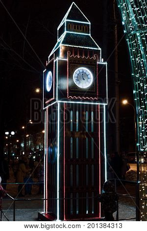 Lighting Decoration As Landmarks Of The World In The City Of Gomel During New Year Festival Celebrat
