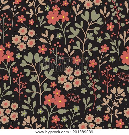 Seamless floral pattern with flowers on dark background. Vintage floral background. Hand drawn elements. Vector illustration.