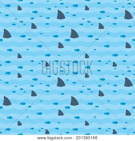 Pattern fish and fins sharks swimming in blue sea. Sharks pattern. Fish pattern. Sharks and fish swimming in sea print.