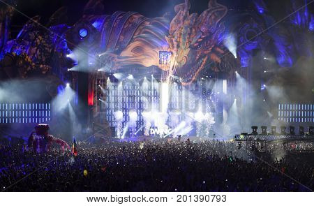 Cluj-Napoca, Romania - August 3, 2017: Crowd having fun at Dannic, a Dutch DJ and EDM producer, live concert at Untold Festival, the Best Major Music Festival of Europe