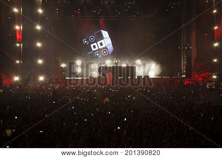Cluj-Napoca, Romania - August 3, 2017: Crowd having fun at Dannic, a Dutch DJ and EDM producer, live concert at Untold Festival, the Best Major Music Festival of Europe