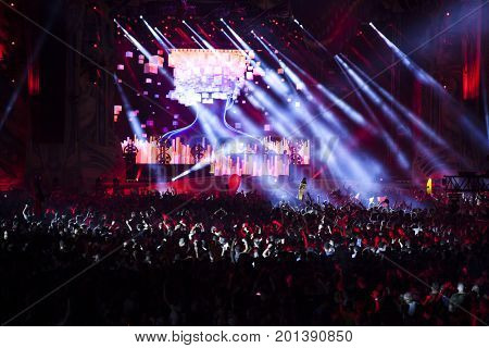 Cluj-Napoca, Romania - August 3, 2017: Crowd having fun at Dannic, a Dutch DJ and EDM producer, live concert at Untold Festival, the Best Major Music Festival of Europe