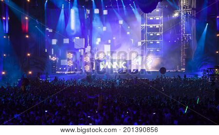 Cluj-Napoca, Romania - August 3, 2017: Crowd having fun at Dannic, a Dutch DJ and EDM producer, live concert at Untold Festival, the Best Major Music Festival of Europe
