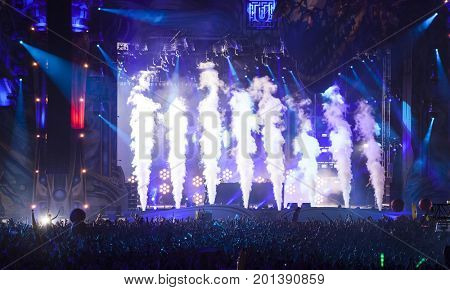 Cluj-Napoca, Romania - August 3, 2017: Crowd having fun at Dannic, a Dutch DJ and EDM producer, live concert at Untold Festival, the Best Major Music Festival of Europe