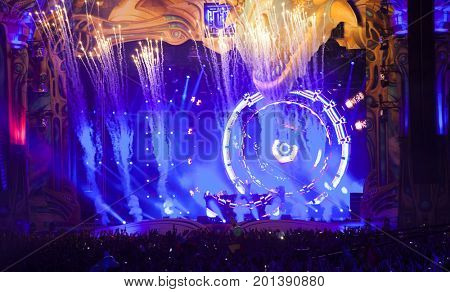 Cluj-Napoca, Romania - August 3, 2017: Crowd having fun at Dannic, a Dutch DJ and EDM producer, live concert at Untold Festival, the Best Major Music Festival of Europe
