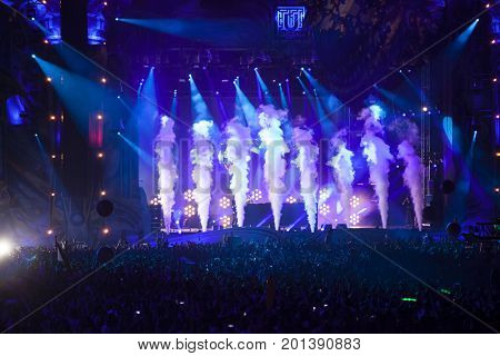 Cluj-Napoca, Romania - August 3, 2017: Crowd having fun at Dannic, a Dutch DJ and EDM producer, live concert at Untold Festival, the Best Major Music Festival of Europe