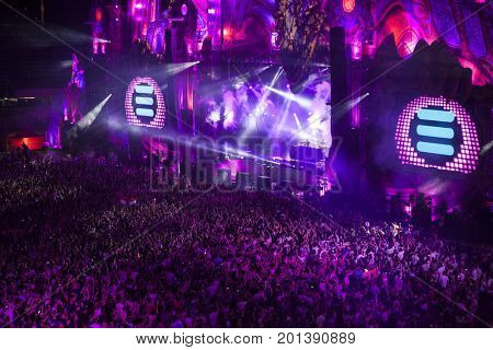 Cluj-Napoca, Romania - August 3, 2017: Crowd having fun at Dannic, a Dutch DJ and EDM producer, live concert at Untold Festival, the Best Major Music Festival of Europe