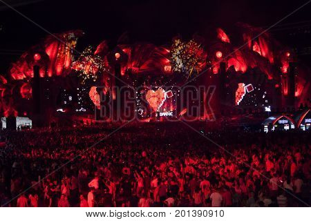 Cluj-Napoca, Romania - August 3, 2017: Crowd having fun at Dannic, a Dutch DJ and EDM producer, live concert at Untold Festival, the Best Major Music Festival of Europe