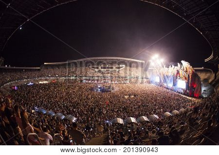 Cluj-Napoca, Romania - August 3, 2017: Crowd having fun at Dannic, a Dutch DJ and EDM producer, live concert at Untold Festival, the Best Major Music Festival of Europe