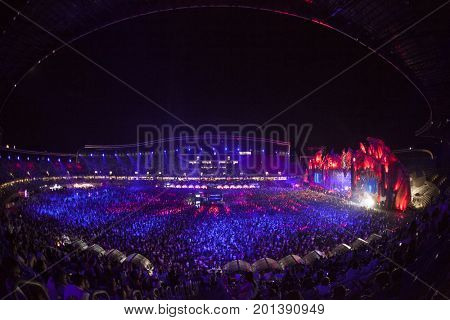 Cluj-Napoca, Romania - August 3, 2017: Crowd having fun at Dannic, a Dutch DJ and EDM producer, live concert at Untold Festival, the Best Major Music Festival of Europe