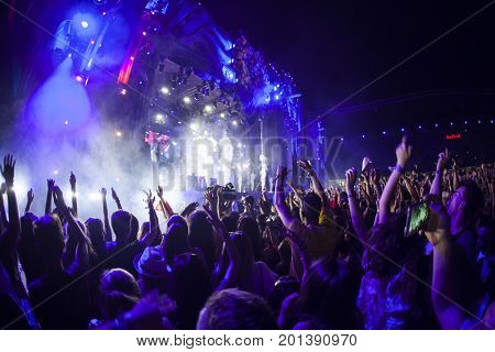 Cluj-Napoca, Romania - August 3, 2017: Crowd having fun at Dannic, a Dutch DJ and EDM producer, live concert at Untold Festival, the Best Major Music Festival of Europe