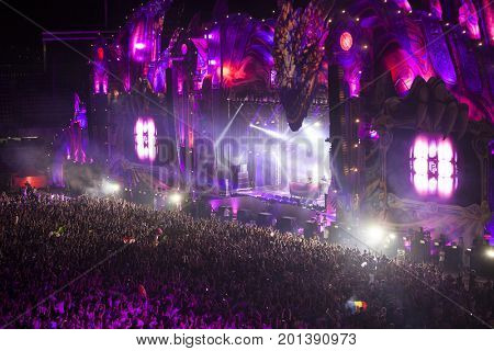 Cluj-Napoca, Romania - August 3, 2017: Crowd having fun at Dannic, a Dutch DJ and EDM producer, live concert at Untold Festival, the Best Major Music Festival of Europe