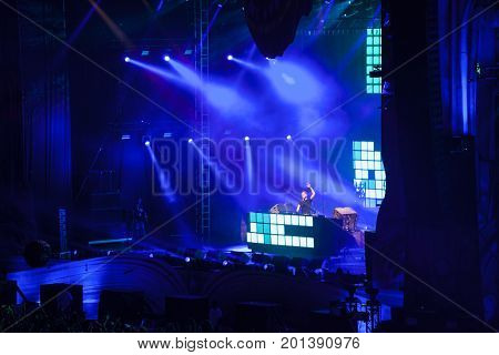 Cluj-Napoca, Romania - August 3, 2017: Crowd having fun at Dannic, a Dutch DJ and EDM producer, live concert at Untold Festival, the Best Major Music Festival of Europe
