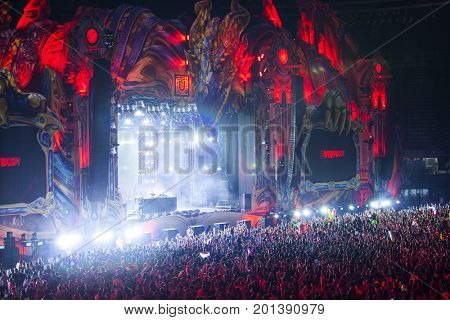 Cluj-Napoca, Romania - August 3, 2017: Crowd having fun at Dannic, a Dutch DJ and EDM producer, live concert at Untold Festival, the Best Major Music Festival of Europe