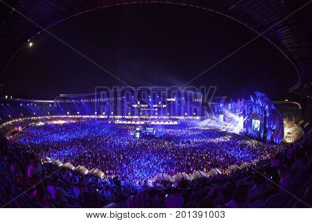 Cluj-Napoca, Romania - August 3, 2017: Crowd having fun at Dannic, a Dutch DJ and EDM producer, live concert at Untold Festival, the Best Major Music Festival of Europe