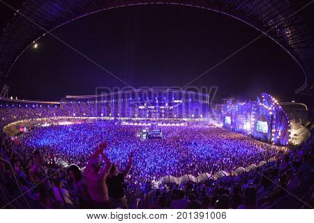 Cluj-Napoca, Romania - August 3, 2017: Crowd having fun at Dannic, a Dutch DJ and EDM producer, live concert at Untold Festival, the Best Major Music Festival of Europe