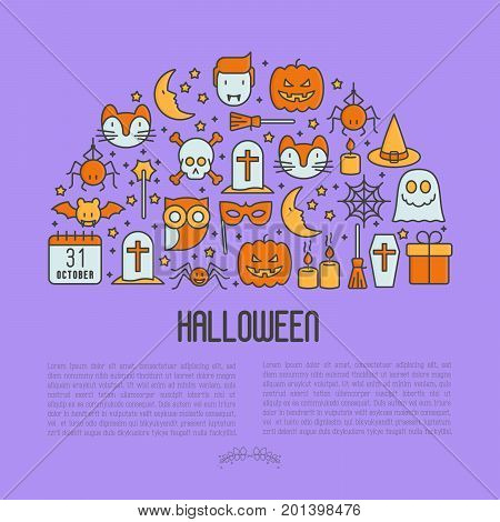 Cartoon Halloween concept in half circle with thin line icons: vampire, bat, pumpkin. Vector illustration for invitation card, party announcement.