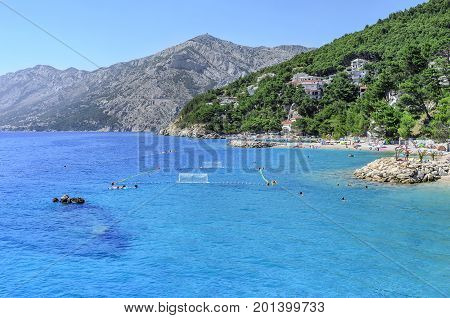 BRELA, CROATIA - 6 JULY, 2017: Sea coast and beaches of Brela Croatia