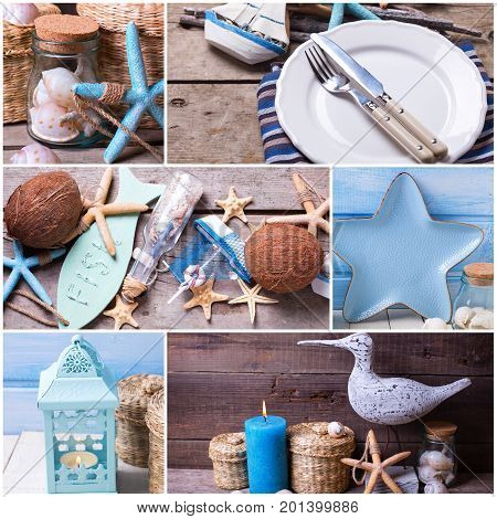 Collage from photos with ocean or coastal living decorations. Decorative wooden boat star fish bottle with ocean treasures blue candle and place setting on aged wooden background.