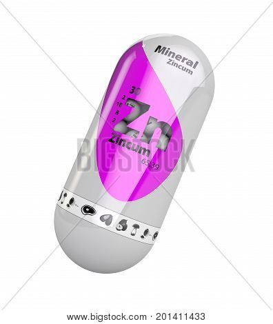 Mineral Zn Zincum Pink Shining Pill Capsule Icon . Mineral Vitamin Complex With Chemical Formula . 3