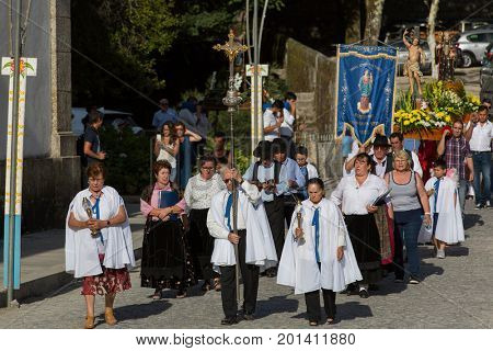 ABADIA, AMARES, PORTUGAL - August 15, 2017: Traditional religious procession of Senhora da Abadia in Amares, Portugal
