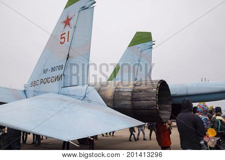 Military Aircraft Fighters And Other Aircraft At The Krasnodar Airfield. Exhibition Of Military Equi