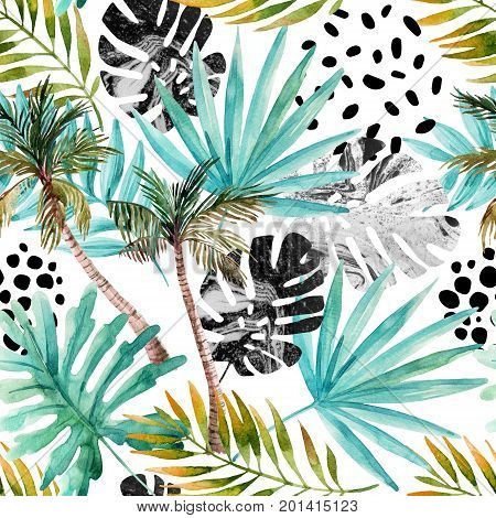 Nature seamless pattern. Hand drawn abstract tropical summer background: palm trees marbled monstera fan palm leaves squiggles dots in circle. Modern art illustration