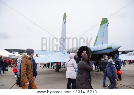 Military Aircraft Fighters And Other Aircraft At The Krasnodar Airfield. Exhibition Of Military Equi