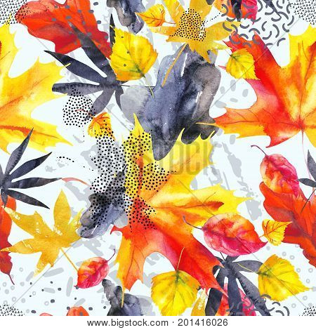 Abstract fall seamless pattern in bright autumn colors. Watercolor graphic painting of falling leaves ink doodle grunge textures. Floral background for fall design. Hand drawn illustration