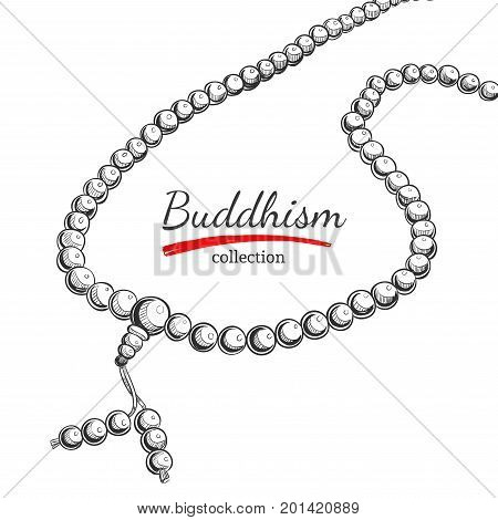 Buddhism collection. SpiritualityYoga print. Vector hand drawn illustration. Sketch style. Ritual objects with Buddha head