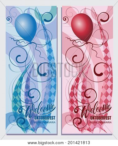 Balloons. Welcome. Oktoberfest. MUNICH. BAYERN. Beautiful greeting card with calligraphy red text words, curls. Painted design elements. Hand-written modern brushes on a colored background.