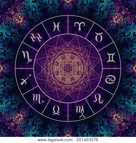 Magic circle with zodiacs sign on abstract mystic background.