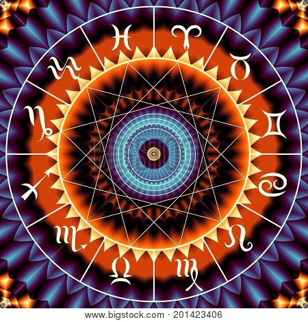 Magic circle with zodiacs sign on abstract mystic background.