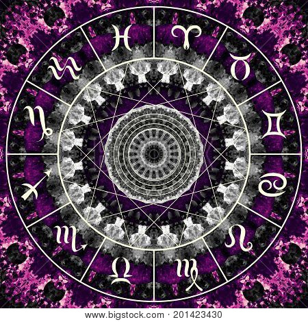 Magic circle with zodiacs sign on abstract mystic background.