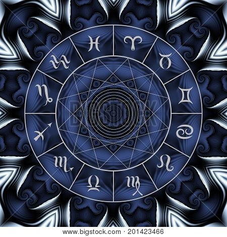 Magic circle with zodiacs sign on abstract mystic background.