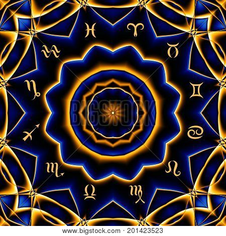 Magic circle with zodiacs sign on abstract mystic background.