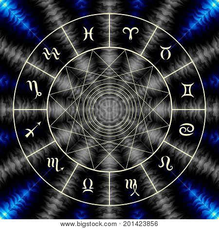 Magic circle with zodiacs sign on abstract mystic background.